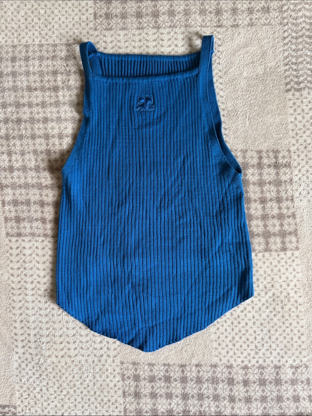 Courreges Blue Ribbed Square-Neck Tank Top with Subtle Logo